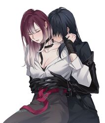  2girls bite_mark bite_mark_on_neck black_choker black_coat black_gloves black_hair blush breasts choker cleavage closed_eyes coat commentary earrings elbow_gloves gloves gradient_hair grey_skirt hands_on_another&#039;s_waist hickey highres jewelry kissing kissing_neck long_hair medium_breasts miix777 multicolored_hair multiple_girls open_clothes open_shirt parted_lips path_to_nowhere purple_hair rahu_(path_to_nowhere) scar scar_on_face shalom_(path_to_nowhere) shirt simple_background sitting sitting_on_lap sitting_on_person skirt white_background white_hair white_shirt yuri 