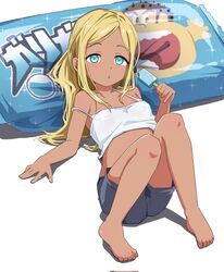  bare_shoulders barefoot blonde_hair blue_eyes breasts camisole commentary_request dark-skinned_female dark_skin female food highres idolmaster idolmaster_cinderella_girls layla_(idolmaster) long_hair looking_at_viewer ohgi910 popsicle shorts small_breasts solo 