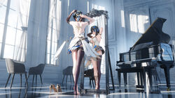  absurdres armband asymmetrical_gloves backless_dress backless_outfit bare_shoulders black_armband black_hair breasts chair curtains dress female grand_piano hair_bun highres instrument katya_(snowbreak) large_breasts mirror mr_ito piano piano_bench plunging_neckline reflection single_thighhigh snowbreak:_containment_zone solo thighhighs tile_floor tiles tying_hair white_dress window 