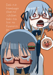  1other absurdres ambiguous_gender anpanman anpanman_(character) blue_bow blue_bowtie blue_hair blue_ribbon blush borrowed_character bow bowtie brown_sweater_vest censored collared_shirt commentary_request cropped_torso crying crying_with_eyes_open drooling explosion_psycho female food-themed_hair_ornament furrowed_brow glasses hair_ornament hair_ribbon half-closed_eyes hamburger-chan_(hundredburger) highres medium_hair mosaic_censoring multiple_views object_request orange_background original out_of_frame red_eyes ribbon romaji_text school_uniform shirt simple_background spoken_character sweater_vest tears thought_bubble translation_request wavy_eyes wavy_mouth white_shirt 