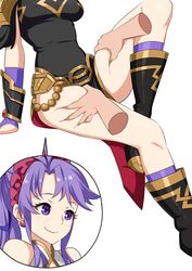  boots breasts commission disembodied_hand earrings female fire_emblem fire_emblem:_genealogy_of_the_holy_war groping high_ponytail highres igni_tion jewelry medium_breasts official_alternate_costume ponytail purple_eyes purple_hair solo_focus tailtiu_(fire_emblem) tailtiu_(resplendent)_(fire_emblem) thigh_grab 