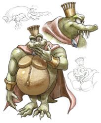  anthro belly big_belly claws cookie_game0 crocodilian crown donkey_kong_(series) fangs gold_(metal) green_body green_scales headgear hi_res k_rool kremling looking_at_viewer male navel nintendo overweight reptile scales scalie sharp_teeth solo stars_around_head stunned teeth 