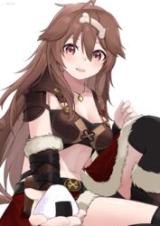  absurdres ahoge animal_ears armor belt bikini_armor black_thighhighs blush bone_hair_ornament boots bracer breasts brown_hair commentary dog_ears dog_girl dog_tail female food fur-trimmed_boots fur-trimmed_bracer fur_skirt fur_trim hair_between_eyes hair_ornament hairclip highres hololive incoming_food inugami_korone inugami_korone_(viking) jewelry kanadeho leather_armor long_hair looking_at_viewer medium_breasts messy_hair midriff necklace official_alternate_costume official_alternate_hairstyle onigiri pauldrons reaching reaching_towards_viewer red_skirt shoulder_armor simple_background single_pauldron skirt solo tail thighhighs virtual_youtuber white_background 