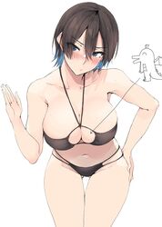  arrow_(symbol) ass_visible_through_thighs bikini black_bikini blue_eyes blue_hair blush breasts brown_hair bunny_garden cleavage closed_mouth clothing_cutout female hair_between_eyes halterneck hand_on_own_hip highres large_breasts leaning_forward looking_at_viewer miuka_(bunny_garden) multicolored_hair navel short_hair solo suki_na_souzai_happyou_dragon_(utau) swimsuit thigh_gap two-tone_hair zekkyon 