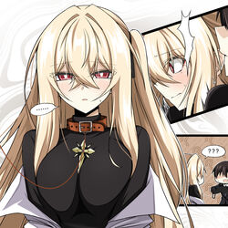  ... 1boy ? ?? ^^^ administrator_(counter:side) belt_collar biting black_jacket black_shirt blonde_hair blush breasts bright_pupils chibi collar commentary counter:side cross crossed_bangs ear_biting ecclesia_(counter:side) female hair_between_eyes hair_intakes highres holding holding_leash jacket jazz9207 large_breasts leash long_hair looking_at_viewer mole mole_under_eye mors_(counter:side) off_shoulder one_side_up parted_lips red_eyes shirt speech_bubble spoken_ellipsis spoken_question_mark straight surprised sweatdrop trembling upper_body wavy_background white_background white_pupils white_shirt 