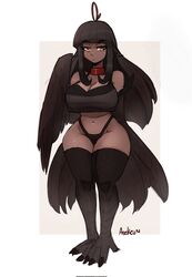  animal_ears artist_name asekeu bare_shoulders bird_ears bird_legs bird_tail black_feathers black_hair black_pantyhose black_tank_top black_wings blonde_hair blunt_bangs breasts choker cleavage crop_top dark-skinned_female dark_skin feathered_wings feathers female harpy highleg highleg_panties highres large_breasts long_hair looking_at_viewer monster_girl navel original panties pantyhose red_choker sidelocks solo tail talons tank_top underwear wide_hips winged_arms wings 