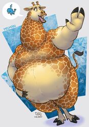  anthro dated dragontzin dreamworks flabby_arms flabby_legs giraffe giraffid hand_on_belly happy hi_res horn madagascar_(series) male mammal melman_mankiewicz_iii nude obese obese_anthro obese_male open_mouth overweight overweight_anthro overweight_male raised_tail signature smile solo standing tail tail_tuft teeth tongue tuft 