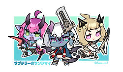  3girls absurdres ahoge arm_up bikini black_shirt black_shorts black_wings blue_cloak blue_eyes bow_(weapon) breasts chibi cloak colored_skin cosplay dress duel_monster elbow_gloves genderswap_(mtf) gloves green_eyes grey_skin highres holding holding_bow_(weapon) holding_sword holding_weapon hood hood_down hooded_cloak horns hugin_the_runick_wings light_brown_hair multiple_girls pink_hair pointy_ears purple_eyes purple_skin red_wings rule_63 saru shirt shorts skirt small_breasts standing subterror_fiendess subterror_guru subterror_nemesis_archer subterror_nemesis_archer_(cosplay) swimsuit sword tail twitter_username weapon white_bikini white_dress white_gloves white_hair white_skirt wings yu-gi-oh! 