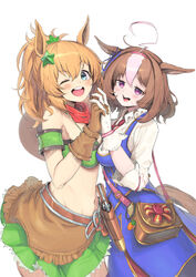  :d ;d @_@ absurdres ahoge animal_ears armband bandeau blue_ribbon breast_press breasts brown_bag brown_gloves brown_hair commentary cowboy_hat ear_ribbon english_commentary gloves green_armband green_bandeau gun hair_between_eyes hair_ornament hairband hat hat_on_back highres holstered horse_ears horse_girl horse_tail large_breasts long_sleeves meisho_doto_(umamusume) multicolored_hair one_eye_closed pink_hairband ponytail purple_eyes revolver ribbon shirt simple_background smile star_(symbol) star_hair_ornament symmetrical_docking taiki_shuttle_(umamusume) tail tsujiya_okuyasu two-tone_hair umamusume weapon white_background white_hair white_shirt 