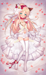  animal_ears bare_shoulders bed blonde_hair blue_eyes blush breasts cat_ears commission downblouse dress female frills gloves hair_ornament highres long_hair midriff munlu_(wolupus) pantyhose petals ribbon sengoku_bushouki_muramasa skeb_commission solo wedding_dress xavier_(sengoku_bushouki_muramasa) 