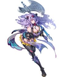  attack axe battle_axe black_panties black_thighhighs breasts camilla_(fire_emblem) camilla_(resplendent)_(fire_emblem) cleavage fake_horns female fire_emblem fire_emblem_fates fire_emblem_heroes full_body gloves gomashio_ponz hair_over_one_eye highres holding holding_axe horns large_breasts long_hair non-web_source official_alternate_costume official_art panties purple_eyes purple_gloves purple_hair smile solo thighhighs thighs transparent_background underwear wavy_hair weapon 