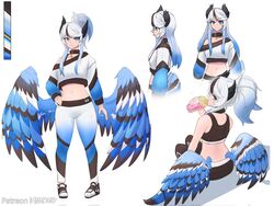  asekeu bird_girl blue_eyes blue_feathers blue_hair blue_pants blue_pupils blue_sweater blue_wings bright_pupils choker commentary crop_top cropped_sweater cup drinking english_commentary feathered_wings feathers female gradient_hair gradient_pants head_wings highres holding holding_cup long_hair looking_at_viewer low_wings midriff multicolored_hair multiple_views navel original pants ponytail sidelocks sweater two-tone_sweater white_hair white_pants white_sweater wings 