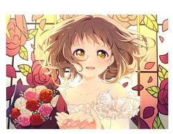  1other absurdres bare_shoulders blush border bouquet brown_hair collarbone crying crying_with_eyes_open dot_nose dress dress_flower eshi_100_nin_ten female floating_hair floral_background flower flower_ornament frilled_dress frills happy happy_tears highres holding_hands looking_at_viewer medium_hair namori open_mouth original pink_flower pink_rose portrait red_flower red_rose rose spaghetti_strap stained_glass tearing_up tears white_border white_dress white_flower white_rose yellow_eyes 