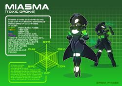  2023 anthro black_cape black_clothing black_footwear black_high_heels black_latex black_skinsuit boots breasts cape clothing drone english_text female footwear gas_mask glowing glowing_eyes glowing_markings green_background green_gas handles_on_hips hi_res high_heeled_boots high_heels hood latex latex_clothing latex_skinsuit looking_at_viewer looking_back looking_back_at_viewer markings mask medium_breasts model_sheet rem_phase reptile scalie simple_background skinsuit snake solo stats text tight_clothing wearing_mask 