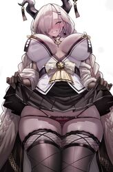  absurdres azur_lane black_skirt blonde_hair blush braid breasts breasts_apart brown_gloves brown_horns brown_thighhighs commentary cowboy_shot earrings female fishnet_gloves fishnets flashing from_below gloves grin hair_ornament hair_over_one_eye hairpin highres horns jewelry jihua_tong large_breasts large_horns long_hair long_sleeves low_twin_braids miniskirt mole mole_under_mouth multi-strapped_panties owari_(azur_lane) panties pleated_skirt red_panties simple_background skindentation skirt smile solo thighhighs twin_braids underwear very_long_hair wet white_background yellow_eyes 