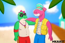  3:2 absurd_res anthro blue_clothing blurred_background brawl_stars buzz_(brawl_stars) clothing dinosaur doug_(brawl_stars) duo extinct eyewear flute green_body green_skin hi_res life_jacket male male/male mkaiast muscular musical_instrument palm_tree pink_body pink_skin plant prehistoric_species red_clothing reptile scalie sunglasses supercell_(company) swimming_trunks swimwear tree visor water wind_instrument woodwind_instrument yellow_clothing 