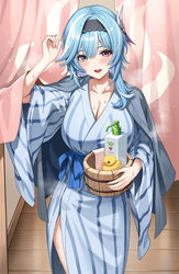  alternate_costume basket bath_yukata black_hairband blue_hair blush breasts bucket cleavage cowboy_shot eula_(genshin_impact) female genshin_impact hair_ornament hairband hand_up haori highres holding holding_basket indoors japanese_clothes kimono large_breasts looking_at_viewer medium_hair no-ba onsen_symbol open_mouth rubber_duck solo steaming_body striped_clothes striped_kimono sweat teeth upper_teeth_only vertical-striped_clothes vertical-striped_kimono wooden_bucket yellow_eyes yukata 