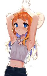  +_+ :&lt; alternate_costume alternate_hairstyle animal_ears armpit_focus armpits arms_up artist_name bare_arms blue_eyes blue_hair blunt_bangs blush bright_pupils closed_mouth colored_inner_hair commentary crop_top drop_shadow female flat_chest grey_tank_top highres indie_virtual_youtuber long_hair looking_at_viewer mau-chan_(7name) midriff mouse_ears mouse_girl multicolored_hair naname_(7name) navel orange_hair presenting_armpit shirt sidelocks signature simple_background skinny sleeveless sleeveless_shirt solo stomach stretching tank_top thick_eyebrows very_long_hair virtual_youtuber white_background 