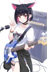  absurdres animal_ears bass_guitar black_choker black_hair blue_archive cat_ears choker clothes_around_waist colored_inner_hair extra_ears female fender_jazz_bass guitar halo highres holding holding_guitar holding_instrument instrument jacket kazusa_(band)_(blue_archive) kazusa_(blue_archive) kyujuukyu looking_at_viewer marshall_amplification multicolored_hair official_alternate_costume pink_hair pink_halo red_eyes shirt short_hair short_sleeves skirt solo v white_background white_shirt white_skirt 