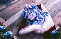  anthro blue_body blue_eyes blue_hair blue_rose blue_spots bracelet clothed clothing detailed_background felid female flower fur furniture grey_body grey_fur hair heart_eyes heart_symbol hi_res inside jewelry khajiit leopard long_hair looking_at_viewer looking_back looking_back_at_viewer m&#039;ria_(maks_hunt) mammal markings microsoft on_table pantherine plant rose_(flower) rrrs shirt smile snow_leopard solo spots spotted_body spotted_fur table the_elder_scrolls topwear underbust_corset white_body white_fur 