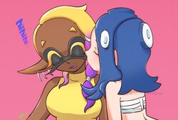  ... 2girls bare_shoulders blonde_hair blue_hair breasts chest_sarashi closed_eyes colored_eyelashes colored_tips commentary_request dark-skinned_female dark_skin earrings frye_(splatoon) hair_tie inkling jewelry long_hair long_pointy_ears multicolored_hair multiple_earrings multiple_girls octoling oerba_yun_fang open_mouth pink_background pointy_ears purple_hair sarashi shirt shiver_(splatoon) short_eyebrows simple_background sleeveless sleeveless_shirt somakusha splatoon_(series) splatoon_3 tentacle_hair thick_eyebrows tooth_earrings two-tone_hair yellow_shirt yuri zzz 