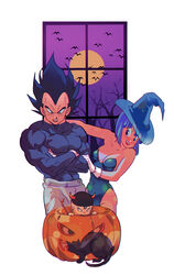  2boys amachu_a baby black_cat black_eyes black_hair blue_eyes blue_hair blue_leotard breasts bulma_briefs commentary crossed_arms dragon_ball dragon_ball_z father_and_son feline female full_moon gloves hat highleg highleg_leotard highres horned_hat jack-o&#039;-lantern leotard medium_breasts moon mother_and_son multiple_boys muscular muscular_male pectorals shirt simple_bat strapless strapless_leotard symbol-only_commentary tight_clothes tight_shirt tree trunks_(dragon_ball) vegeta white_gloves window witch_hat 