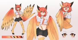  animal_ears asekeu bare_shoulders bird_legs black_skirt blonde_hair bra_strap breasts commentary crop_top english_commentary female gradient_wings hair_between_eyes harpy highleg highleg_panties highres looking_at_viewer midriff monster_girl multicolored_hair multicolored_wings multiple_views navel off-shoulder_shirt off_shoulder open_mouth orange_hair orange_panties orange_wings original panties red_wings shirt short_hair simple_background single_strap skirt small_breasts talons two-tone_hair underwear white_background white_shirt wings yellow_eyes 