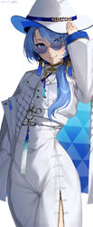  absurdres blue-tinted_eyewear blue_eyes blue_hair blush closed_mouth coat earrings female glasses hair_between_eyes hair_over_shoulder hat_chain highres hololive hoshimachi_suisei hoshimachi_suisei_(oriental_suit) jewelry long_hair long_sleeves looking_at_viewer midnight_(midnightstream3) neck_tassel official_alternate_costume print_coat round_eyewear solo star_(symbol) star_in_eye sunglasses swept_bangs symbol_in_eye tassel tassel_earrings tinted_eyewear virtual_youtuber 