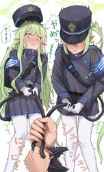  ... 1boy 2girls :d ? absurdres aisumegane anger_vein bag belt black_belt blue_archive blue_jacket blue_shorts blue_skirt blush buttons clothes_lift curly_hair demon_girl demon_tail double-breasted facing_viewer full-face_blush gloves grabbing_another&#039;s_tail grabbing_own_tail green_hair green_halo hair_between_eyes halo hat highres hikari_(blue_archive) holding_own_tail jacket jacket_lift knees_together_feet_apart legs_apart long_hair looking_at_viewer looking_down miniskirt motion_lines multiple_girls nozomi_(blue_archive) oerba_yun_fang open_mouth pantyhose parted_lips pleated_skirt pulling_own_clothes shirt short_shorts shorts shoulder_bag siblings sisters skirt smile spoken_ellipsis spoken_question_mark standing surprised tail tail_grab tail_pull tail_rubbing thighs translated trembling twins twintails very_long_hair white_gloves white_shirt wide-eyed yellow_eyes 