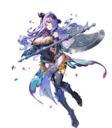  black_panties black_thighhighs breasts camilla_(fire_emblem) camilla_(resplendent)_(fire_emblem) cleavage damaged fake_horns female fire_emblem fire_emblem_fates fire_emblem_heroes full_body gloves gomashio_ponz hair_over_one_eye highres horns large_breasts long_hair non-web_source official_alternate_costume official_art panties purple_eyes purple_gloves purple_hair solo thighhighs thighs torn_clothes torn_thighhighs transparent_background underwear wavy_hair 