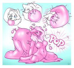  anthro big_breasts blowing_bubble_gum blue_eyes breast_growth breasts bubble_gum candy_transformation canid canine canis colored expansion featureless_breasts featureless_crotch female food food_creature food_transformation fur gender_transformation goo_creature goo_transformation growth happy hi_res intelligence_loss kneeling looking_pleasured male mammal mind_alteration mtf_transformation open_mouth pink_body pink_eyes sequence shrubie_fox solo thick_thighs thigh_expansion tongue tongue_out transformation white_body white_fur wolf 