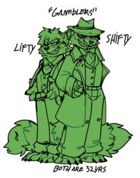  3_toes alternate_universe anthro barefoot bottomwear bow_tie brother_(lore) brothers_(lore) claws clothing coat duo fedora feet fur green_body green_fur green_hair hair happy_tree_friends hat headgear headwear heart_nose heart_symbol hi_res jacket lifty_(htf) male mammal pants procyonid raccoon ratty0poss ring sharp_teeth shifty_(htf) sibling_(lore) simple_background smile smirk standing suspenders tail teeth text toe_claws toes topwear twins_(lore) white_background 