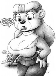  2018 anthro bear big_breasts breasts chip_&#039;n_dale_rescue_rangers cleavage clothed clothing disney drake_fenwick duo english_text female gadget_hackwrench hair hi_res humor long_hair mammal mature_anthro mature_female monochrome mouse murid murine rebecca_cunningham rodent size_difference speech_bubble sweater talespin text topwear 