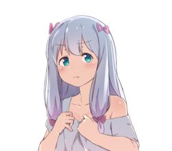  bare_shoulders blue_eyes blush bow closed_mouth commentary_request eromanga_sensei female hairbow highres izumi_sagiri long_hair looking_to_the_side off_shoulder official_style okamen pink_bow shirt short_sleeves simple_background solo t-shirt transparent_background upper_body 