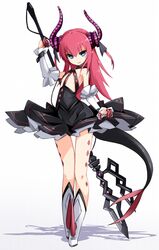  armpits black_dress boots commentary_request dragon_girl dragon_tail dress elizabeth_bathory_(fate) elizabeth_bathory_(fate/extra_ccc) elizabeth_bathory_(first_ascension)_(fate) fate/extra fate/grand_order fate_(series) female flat_chest frills full_body green_eyes highres horns karukan_(monjya) long_hair looking_at_viewer polearm red_hair sarkany_csont_landzsa shadow smile solo spear standing tail thigh_gap weapon white_background white_footwear white_wrist_cuffs wrist_cuffs 