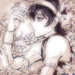  1boy baitu blurry commentary_request flower from_side hairband jojo_no_kimyou_na_bouken male_focus monochrome narancia_ghirga photoshop_(medium) plant sepia solo upper_body vines wristband 