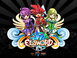  1boy 2011 2girls :o aisha_landar angry belt black_background choker clenched_hand copyright_name elsword elsword_(character) gloves green_eyes green_hair hair_tubes hands_on_own_hips knight_(elsword) long_hair magician_(elsword) multiple_girls necktie official_art pointy_ears purple_eyes purple_hair purple_skirt ranger_(elsword) red_eyes red_hair rena_erindel ress short_hair shorts skirt smile spiked_hair thighhighs white_legwear 