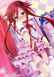  absurdres alternate_costume artbook blush braid bridal_garter choujigen_taisen_neptune_vs_sega_hard_girls dogoo embarrassed female fitting_room frilled_skirt frilled_sleeves frills hair_ornament hairclip highres long_hair looking_at_viewer mikage_baku neptune_(series) nervous_smile nose_blush official_art pink_skirt puffy_short_sleeves puffy_sleeves red_hair ribbon ribbon-trimmed_sleeves ribbon_trim scan shiny shirt short_sleeves skirt skirt_tug smile solo sparkle sweat tennouboshi_uzume trying_on_clothes twintails wavy_mouth 