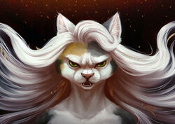  2018 angry anthro blonde_hair calico_cat domestic_cat felid feline felis female green_eyes hair mammal medaya mottled piebald pink_nose reaction_image selene_blackcat solo teeth white_hair wrath 