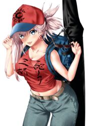  absurdres alternate_costume backpack bad_id bad_pixiv_id bag baseball_cap blue_eyes commentary_request denim fate/grand_order fate_(series) female hat highres jeans looking_at_viewer miyamoto_musashi_(fate) miyamoto_musashi_(traveling_outfit)_(fate) navel nozoyuki pants solo sunglasses 