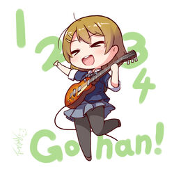  :d black_pantyhose blazer brown_hair chibi closed_eyes commentary cosplay electric_guitar female full_body guitar hair_ornament hairpin hirasawa_yui hirasawa_yui_(cosplay) instrument jacket k-on! koizumi_hanayo langbazi love_live! love_live!_school_idol_project open_mouth pantyhose photoshop_(medium) pleated_skirt plectrum romaji_text round_teeth sakuragaoka_high_school_uniform school_uniform short_hair signature simple_background skirt sleeves_rolled_up smile solo standing standing_on_one_leg teeth white_background 