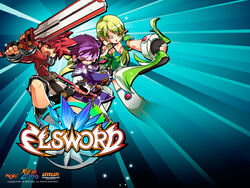  1boy 2011 2girls aisha_landar aqua_background belt bow_(weapon) brown_eyes closed_eyes copyright_name elsword elsword_(character) fingerless_gloves gloves green_eyes green_hair hair_tubes knight_(elsword) long_hair magician_(elsword) multiple_girls official_art one_eye_closed pointy_ears purple_hair purple_skirt ranger_(elsword) red_hair rena_erindel ress short_hair shorts skirt smile spiked_hair sword thighhighs wand weapon white_legwear 