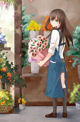  apron bad_id bad_pixiv_id blue_apron bouquet brown_hair female florist flower flower_pot flower_request flower_shop green_eyes highres holding holding_bouquet idolmaster idolmaster_cinderella_girls kneehighs long_hair natsuko_(1025bilix) orange_flower petals photoshop_(medium) plant potted_plant purple_flower shibuya_rin shop skirt sleeves_rolled_up socks solo yellow_flower 