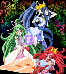  3girls bad_id bad_pixiv_id black_background blue_eyes blue_hair bow crown cure_empress cure_magician cure_priestess derivative_work dokidoki!_precure floral_background flower gloves green_hair highres huge_bow long_hair mirror multiple_girls namiokasougo open_mouth pink_bow pink_eyes polearm ponytail precure red_eyes red_hair rose spear weapon 