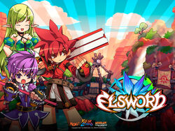  1boy 2011 2girls :o aisha_landar angry belt brown_eyes closed_eyes copyright_name elsword elsword_(character) fingerless_gloves gloves green_hair hair_tubes hands_on_own_hips knight_(elsword) long_hair magician_(elsword) multiple_girls necktie official_art pointy_ears purple_eyes purple_hair purple_skirt ranger_(elsword) red_hair rena_erindel ress short_hair shorts skirt smile spiked_hair sword wand weapon 