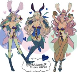  animal_ears bare_shoulders blush braid breasts commentary_request corrin_(female)_(fire_emblem) corrin_(fire_emblem) detached_collar egg fake_animal_ears fire_emblem fire_emblem_awakening fire_emblem_fates fire_emblem_heroes gloves hairband jewelry leotard long_hair midriff multiple_girls olivia_(fire_emblem) open_mouth pink_hair pointy_ears pomme_(lazzledazzle) purple_eyes rabbit_ears rabbit_tail simple_background smile soleil_(fire_emblem) tail twin_braids white_background white_hair 