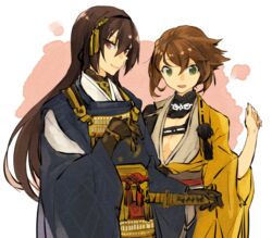  2girls brown_eyes brown_hair commentary_request cosplay crossover gloves green_eyes hita_(hitapita) japanese_clothes kantai_collection kogitsunemaru kogitsunemaru_(cosplay) long_hair mikazuki_munechika mikazuki_munechika_(cosplay) multiple_girls mutsu_(kancolle) nagato_(kancolle) short_hair smile touken_ranbu 