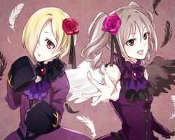  2girls blonde_hair commentary_request dress drill_hair flower grey_hair hair_flower hair_ornament idolmaster idolmaster_cinderella_girls kanzaki_ranko long_hair looking_at_viewer multiple_girls open_mouth red_eyes rosenburg_alptraum_(idolmaster) rosenburg_engel_(idolmaster) shirasaka_koume short_hair sleeves_past_fingers sleeves_past_wrists twin_drills twintails wings yoma 