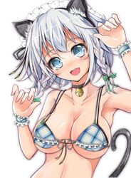  :d absurdres animal_ears bell bikini black_bra blue_bikini blue_eyes blush bra braid breasts cat_ears cat_tail choker commentary_request fake_animal_ears female front-tie_bikini_top front-tie_top grey_hair highres izayoi_sakuya large_breasts maid_headdress open_mouth plaid plaid_bikini ribbon short_hair smile solo swimsuit tail touhou twin_braids underwear upper_body velia wrist_cuffs 