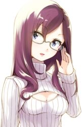  bad_id bad_pixiv_id blue_eyes breasts cleavage cleavage_cutout clothing_cutout commentary_request female glasses idolmaster idolmaster_cinderella_girls long_hair meme_attire open-chest_sweater purple_hair semi-rimless_eyewear simple_background small_breasts solo sweater tamaki_fuyu turtleneck under-rim_eyewear white_background yagami_makino 